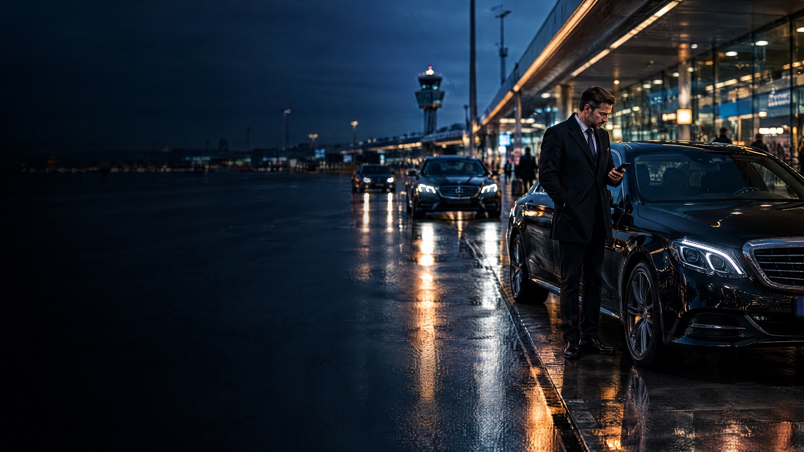 Chauffeur in pak met zijn telefoon bij een zwarte Mercedes voor de terminal van Schiphol